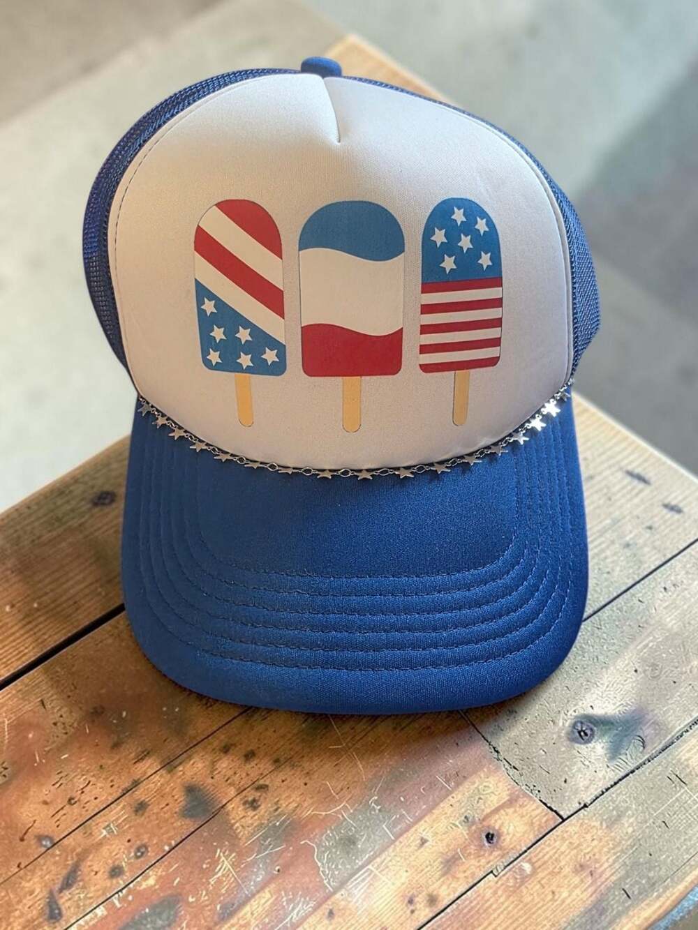 Patriotic Popsicle Design Foam Trucker Hat with Blue Mesh and Star Chain Detail